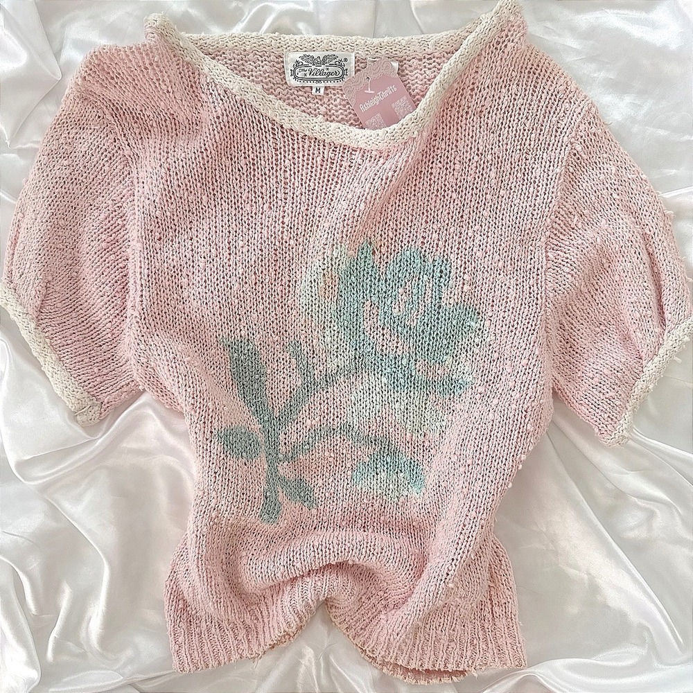 Vintage The Villager Pink Rose Intarsia Knit Short Sleeve Sweater Top Medium